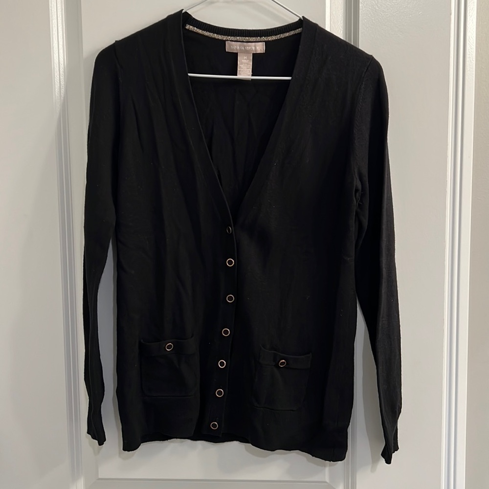 Banana Republic Black Wool Blend V-Neck Cardigan with Gold Trim Buttons M